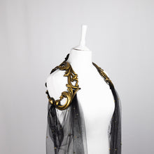 Load image into Gallery viewer, Beaded Black Tulle Cape with Gold Latex Harness