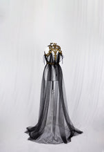 Load image into Gallery viewer, Beaded Black Tulle Cape with Gold Latex Harness