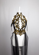 Load image into Gallery viewer, Long Black Tulle Cape with Gold Latex Harness