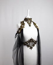 Load image into Gallery viewer, Long Black Tulle Cape with Gold Latex Harness