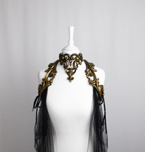 Load image into Gallery viewer, Long Black Tulle Cape with Gold Latex Harness