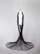 Load image into Gallery viewer, Long Black Tulle Cape with Gold Latex Harness