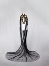 Load image into Gallery viewer, Long Black Tulle Cape with Gold Latex Harness