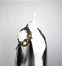 Load image into Gallery viewer, Long Black Tulle Cape with Gold Latex Harness