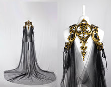 Load image into Gallery viewer, Long Black Tulle Cape with Gold Latex Harness
