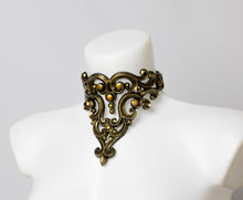 Load image into Gallery viewer, Choker necklace made from gold metallic latex to look like real metal. Composed of baroque style ornaments.