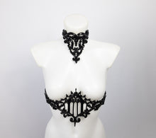 Load image into Gallery viewer, Choker necklace made from black sculpted latex. Composed of baroque style 3D ornaments. Shown with a matching belt featuring a gothic cathedral window.
