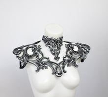Load image into Gallery viewer, Choker necklace made from silver metallic latex to look like real metal. Shown with a matching shoulder piece.