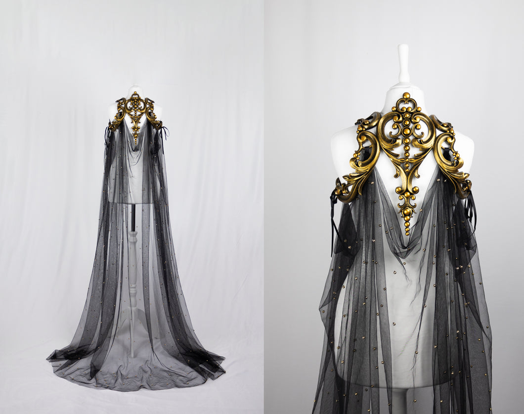 Beaded Black Tulle Cape with Gold Latex Harness