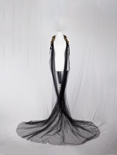 Load image into Gallery viewer, Long Black Tulle Cape with Gold Latex Harness

