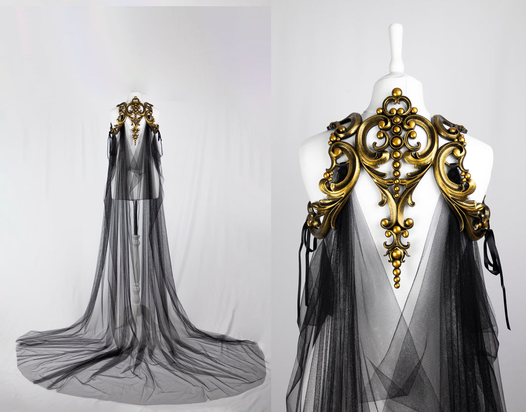 Long Black Tulle Cape with Gold Latex Harness