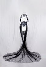 Load image into Gallery viewer, Long Black Tulle Cape with Silver Latex Harness
