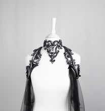 Load image into Gallery viewer, Long Black Tulle Cape with Silver Latex Harness
