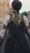 Load and play video in Gallery viewer, Beaded Black Tulle Cape with Gold Latex Harness

