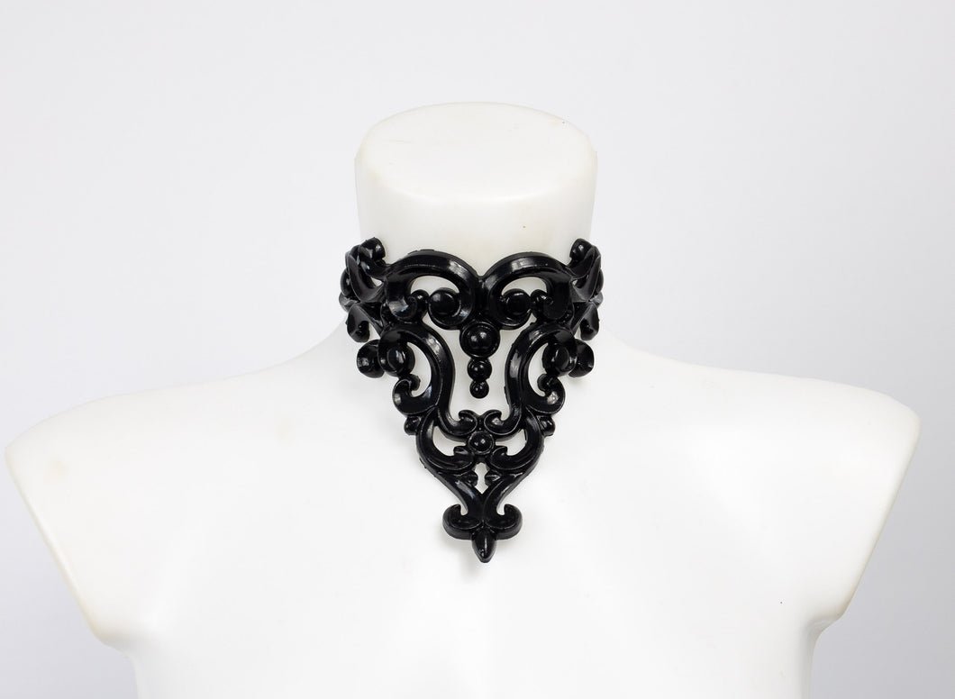 Choker necklace made from black sculpted  latex. Composed of baroque style 3D ornaments.